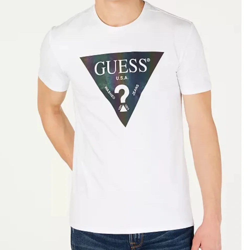 Guess Iridescent Triangle Logo T-Shirt White Rainbow Prism Graphic Tee - Picture 3 of 5